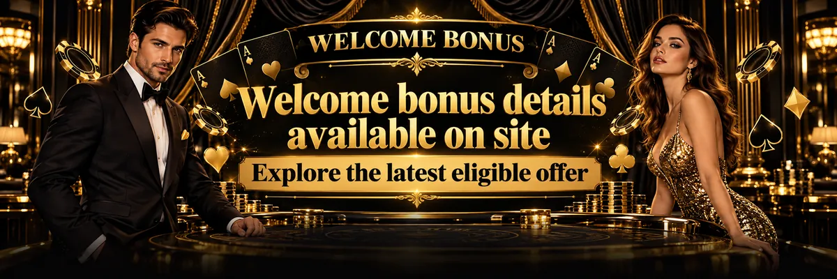 Gold and near-black welcome bonus banner showing a sharply dressed casino host and glamorous evening-dressed VIP woman beside playing cards and polished poker chips in a luxurious cabaret casino