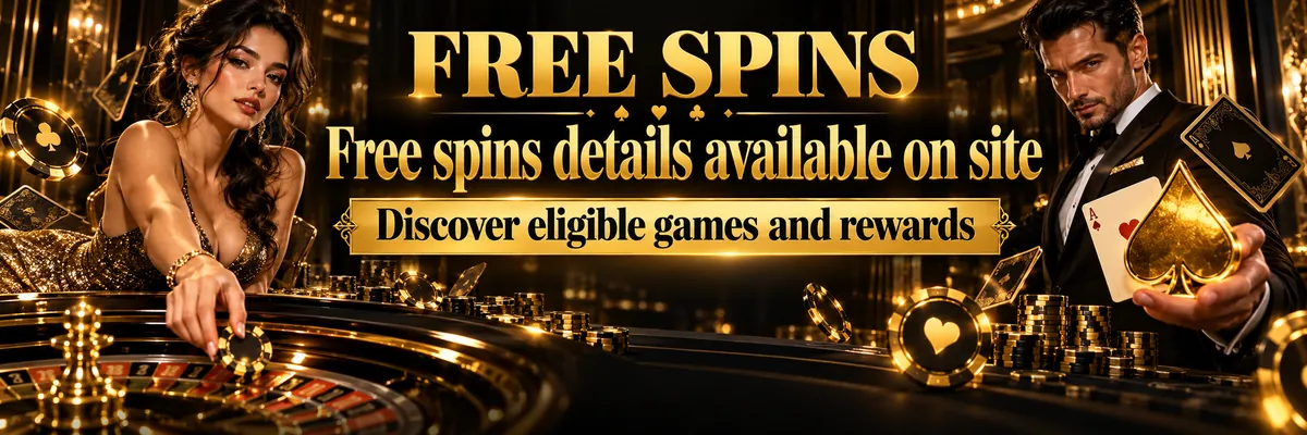 Gold and near-black free spins banner showing a glamorous casino host and sharply dressed man among playing cards, suit symbols and reflective casino-table details