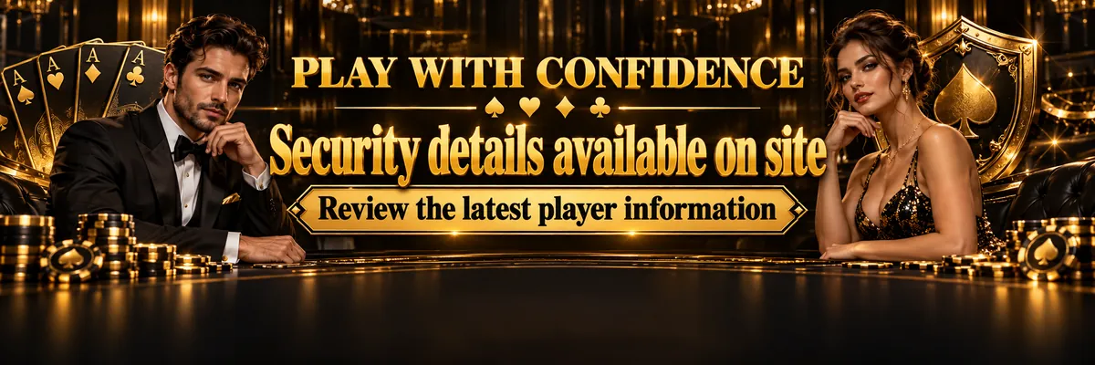 Gold and near-black casino security banner showing two elegant VIP hosts in a dim cabaret interior with layered portraits, gold playing cards and polished table surfaces